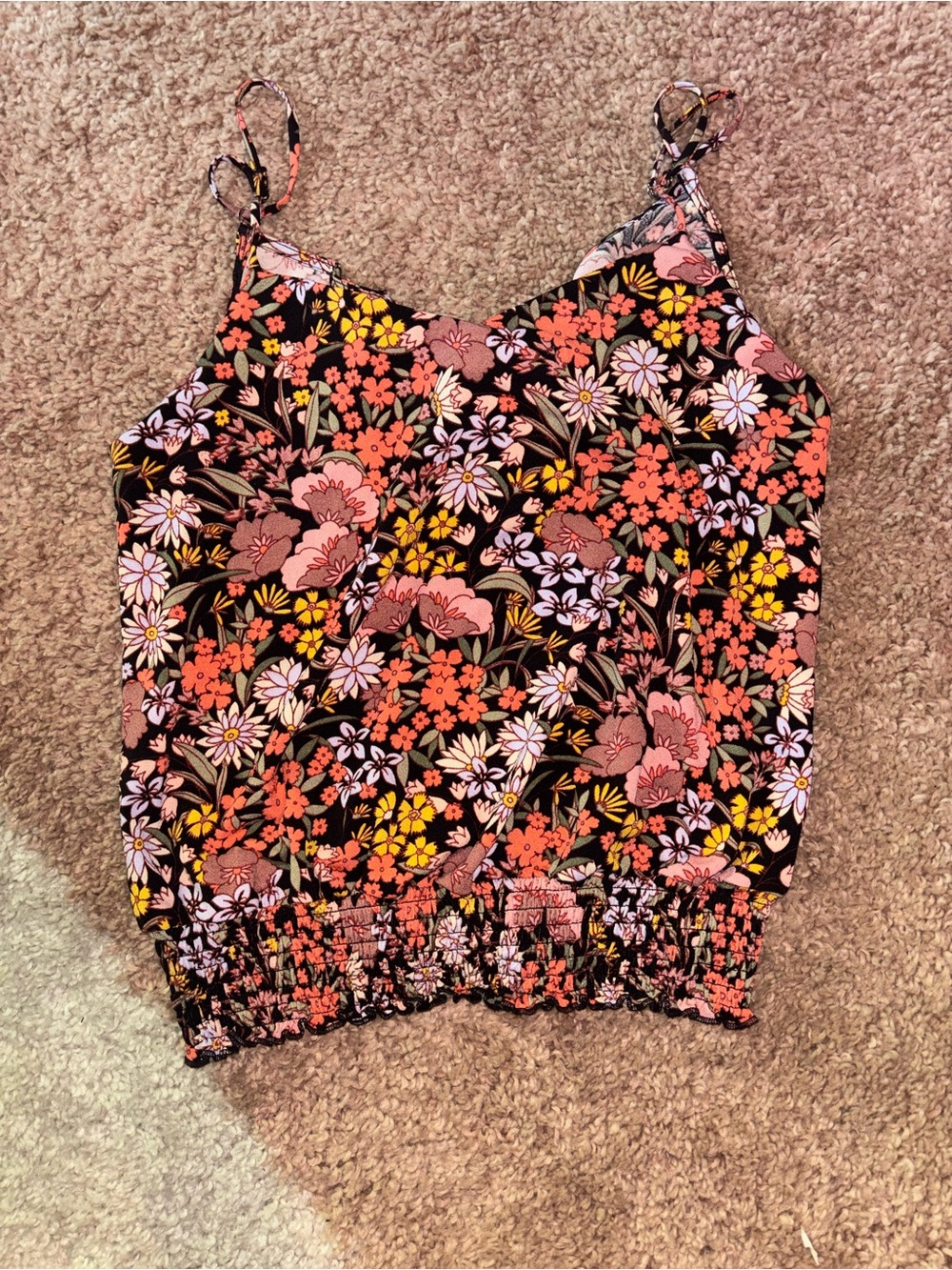 Floral Smocked Hem Cami Tank Top - Black with Coral & Yellow Flowers Daytrip